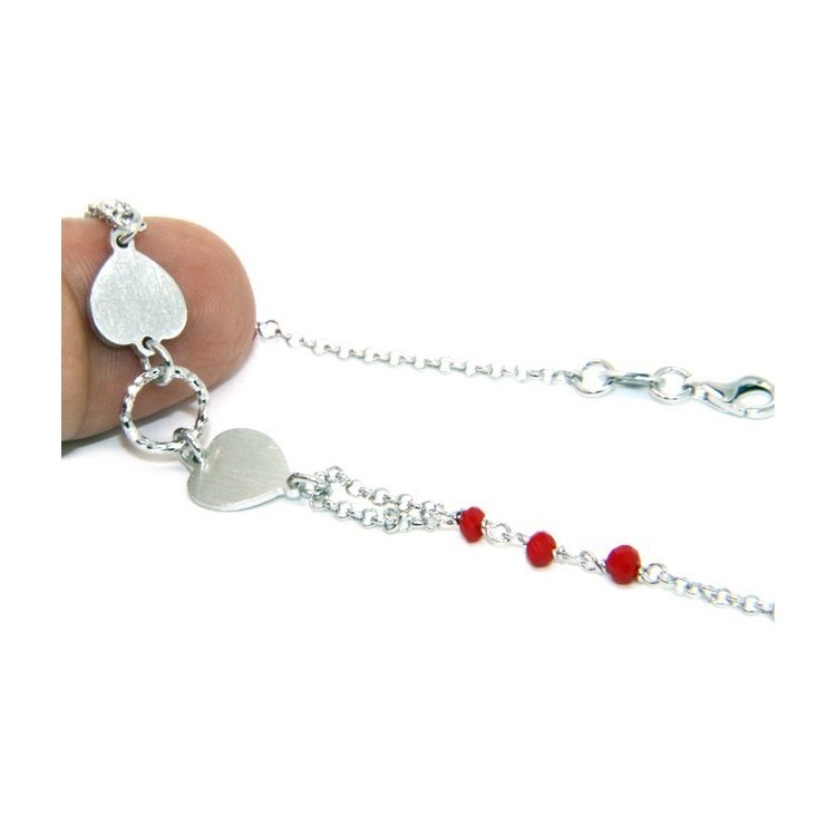 NLB|Bracelet man woman Silver 925 red crystal with double satin heart and diamond circle 18.00 - 20.50 cm