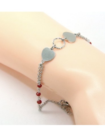 Bracciale uomo donna Argento 925 cristallo rosso con doppio cuore satinato e cerchio diamantato 18,00 - 20,50 cm