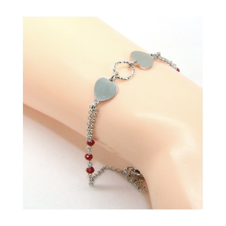 NLB|Bracciale uomo donna Argento 925 cristallo rosso con doppio cuore satinato e cerchio diamantato 18,00 - 20,50 cm