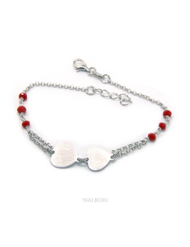 Bracciale uomo donna Argento 925 cristallo rosso con doppio cuore satinato e cerchio diamantato 18,00 - 20,50 cm Bracciale uomo donna Argento 925 cristallo rosso con doppio cuore satinato e cerchio diamantato 18,00 - 20,50 cm
