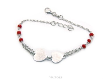 NLB|Bracciale uomo donna Argento 925 cristallo rosso con doppio cuore satinato e cerchio diamantato 18,00 - 20,50 cm