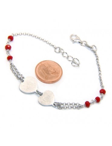 Bracciale uomo donna Argento 925 cristallo rosso con doppio cuore satinato e cerchio diamantato 18,00 - 20,50 cm
