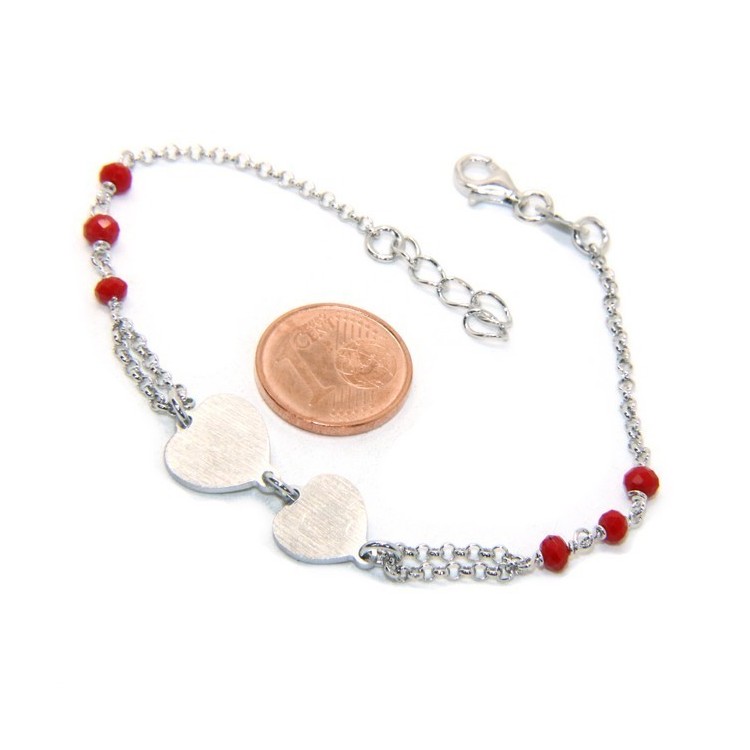 NLB|Bracciale uomo donna Argento 925 cristallo rosso con doppio cuore satinato e cerchio diamantato 18,00 - 20,50 cm