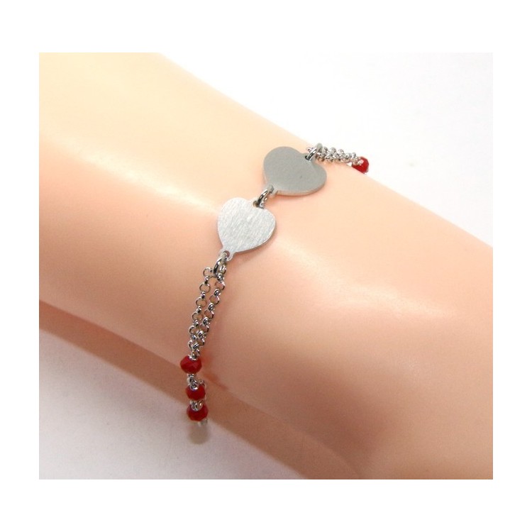 NLB|Bracciale uomo donna Argento 925 cristallo rosso con doppio cuore satinato e cerchio diamantato 18,00 - 20,50 cm