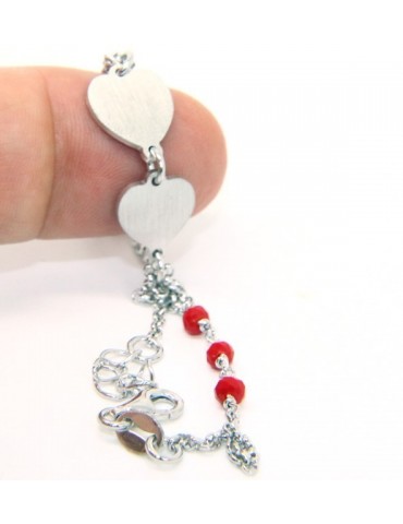 Bracciale uomo donna Argento 925 cristallo rosso con doppio cuore satinato e cerchio diamantato 18,00 - 20,50 cm