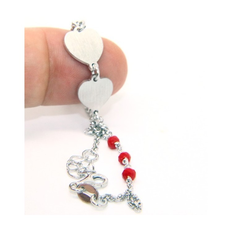 NLB|Bracciale uomo donna Argento 925 cristallo rosso con doppio cuore satinato e cerchio diamantato 18,00 - 20,50 cm
