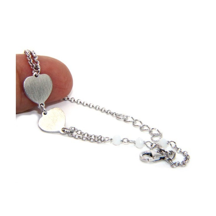 NLB|Bracelet man woman Silver 925 rosary working red crystal with double satin heart 16.50 - 19.50 cm