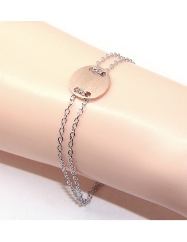647/5000 Bracelet man woman 925 Sterling Silver with central button rosa satin 17,00 - 20.00 cm