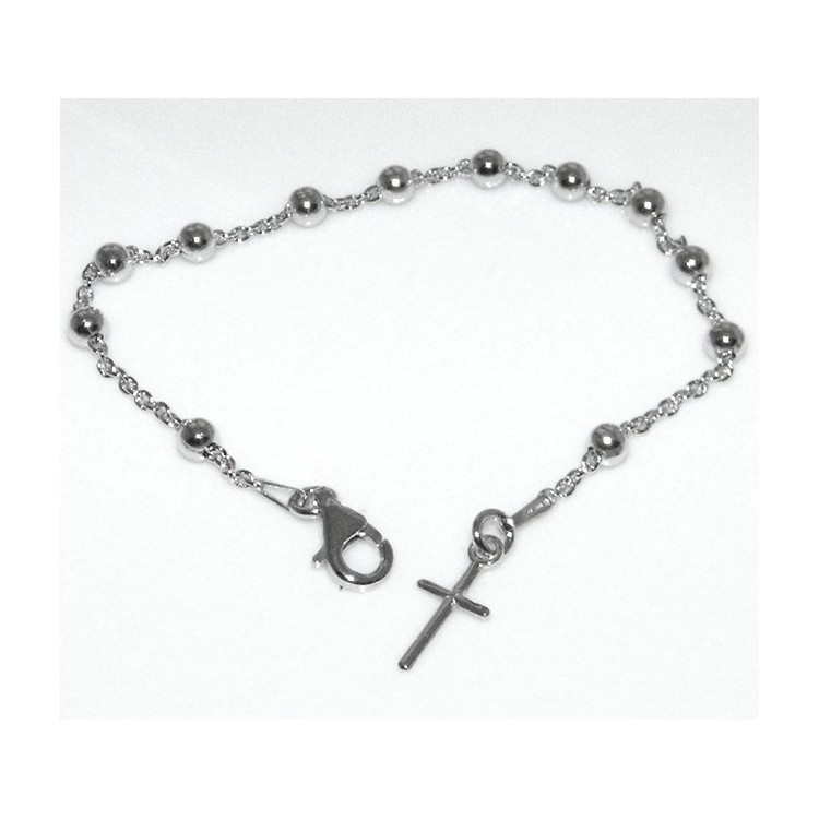 NLB|Bracciale rosario uomo o donna in Argento 925 croce liscia rod Oro bianco palline 4 mm mis 17