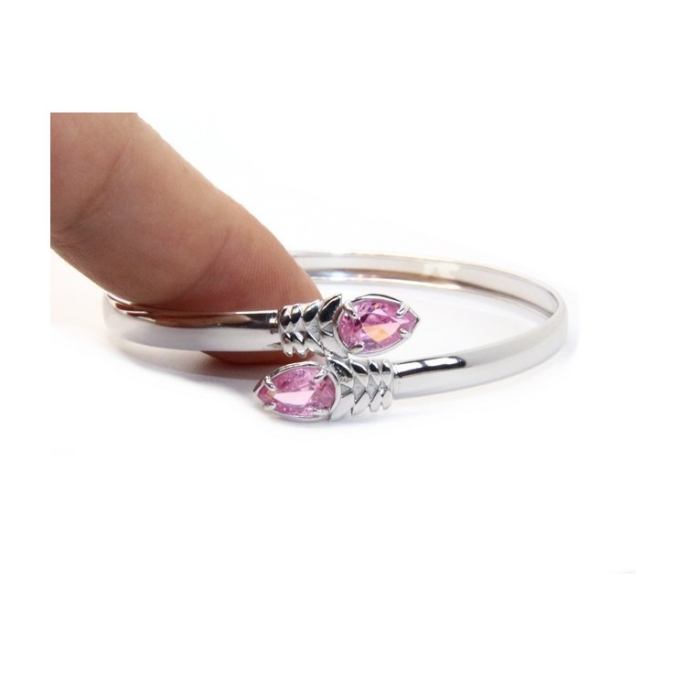 NLB|ARGENTO 925 : Bracciale donna schiava aperto contrarie' zircone rosa goccia 4 griffe