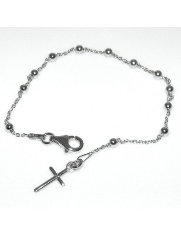 Bracciale rosario uomo o donna in Argento 925 croce liscia rod Oro bianco palline 4 mm mis 17