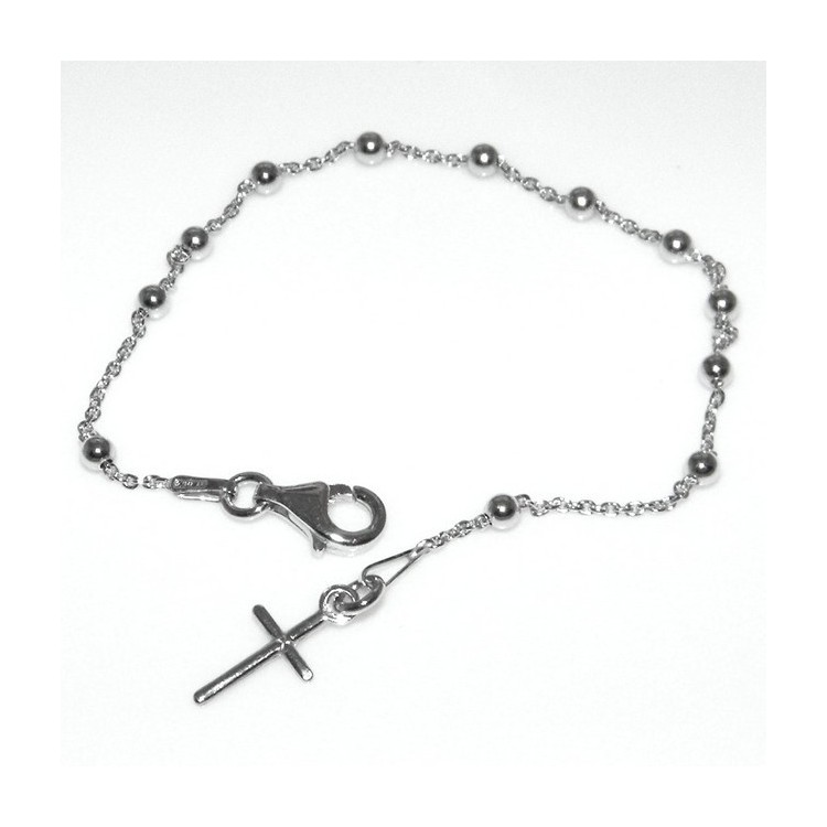 NLB|Bracciale rosario uomo o donna in Argento 925 croce liscia rod Oro bianco palline 4 mm mis 17