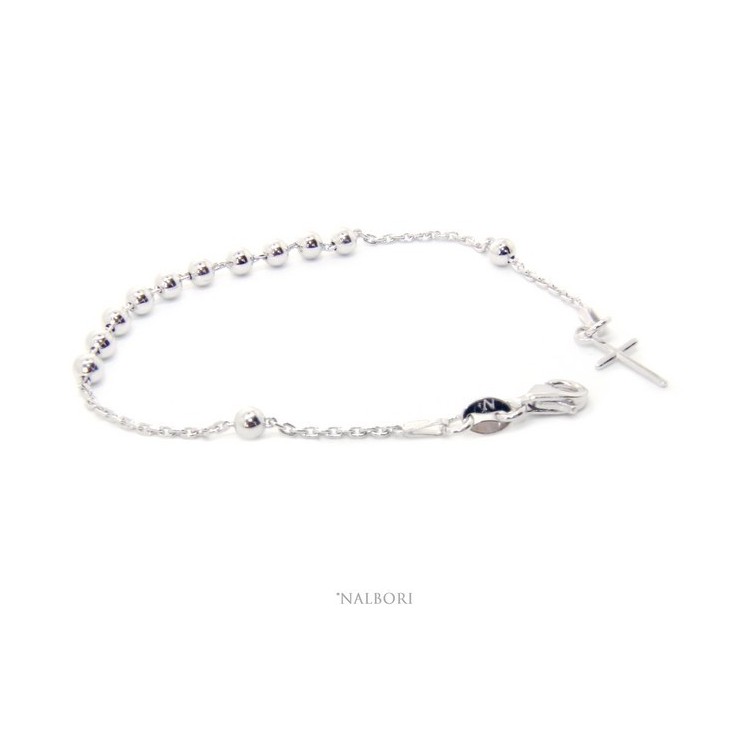 NLB|Rosary bracelet for men and women in 925 sterling silver smooth cross 4 mm balls various lengths Clear