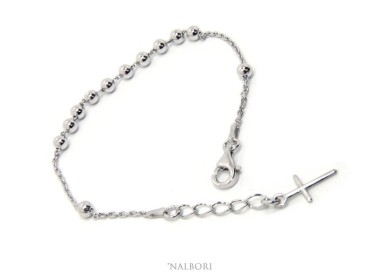 NLB|Bracciale rosario per uomo e donna in Argento 925 croce liscia palline 4 mm varie lunghezze Rodiato