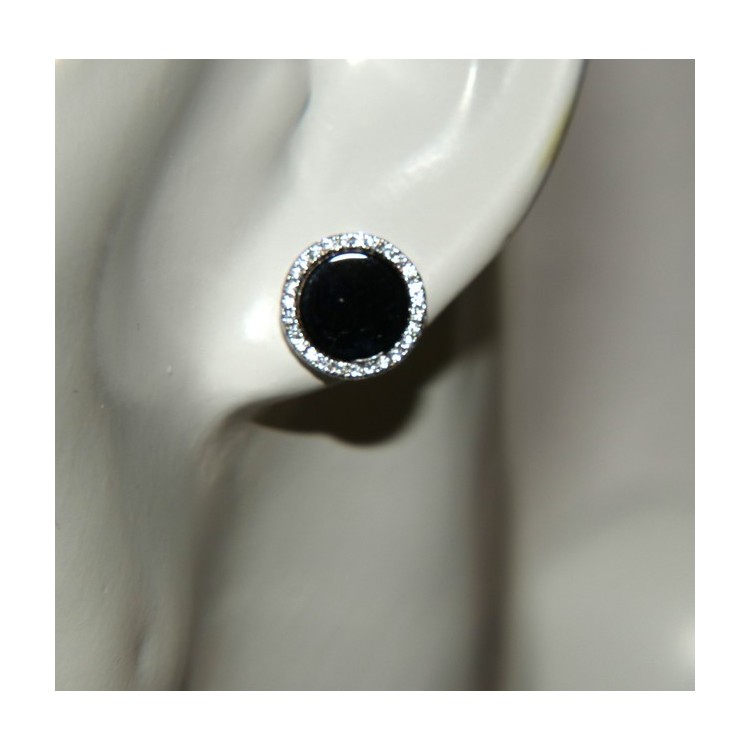 NLB|Stamped 925 silver : one pair of earrings 11mm man woman button black onix circle zirconia