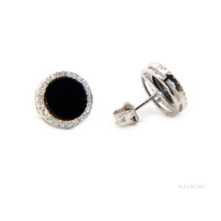 NLB|orecchini argento 925 11mm bottone cerchio Onice nero pavè zirconi
