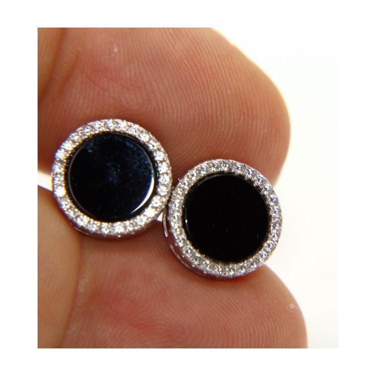 NLB|Stamped 925 silver : one pair of earrings 11mm man woman button black onix circle zirconia