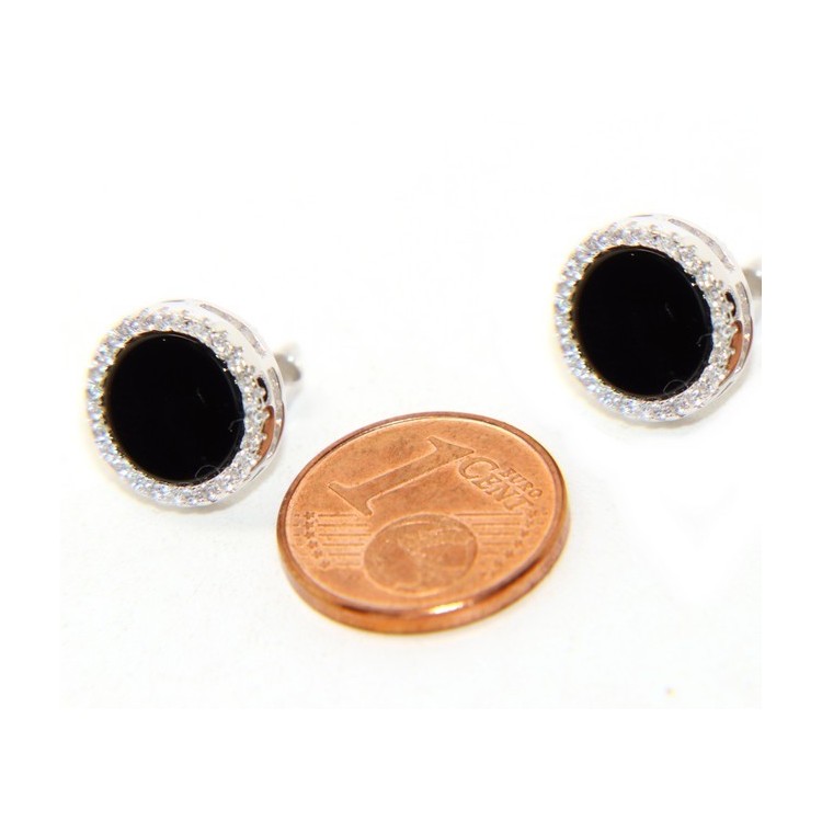 NLB|orecchini argento 925 11mm bottone cerchio Onice nero pavè zirconi