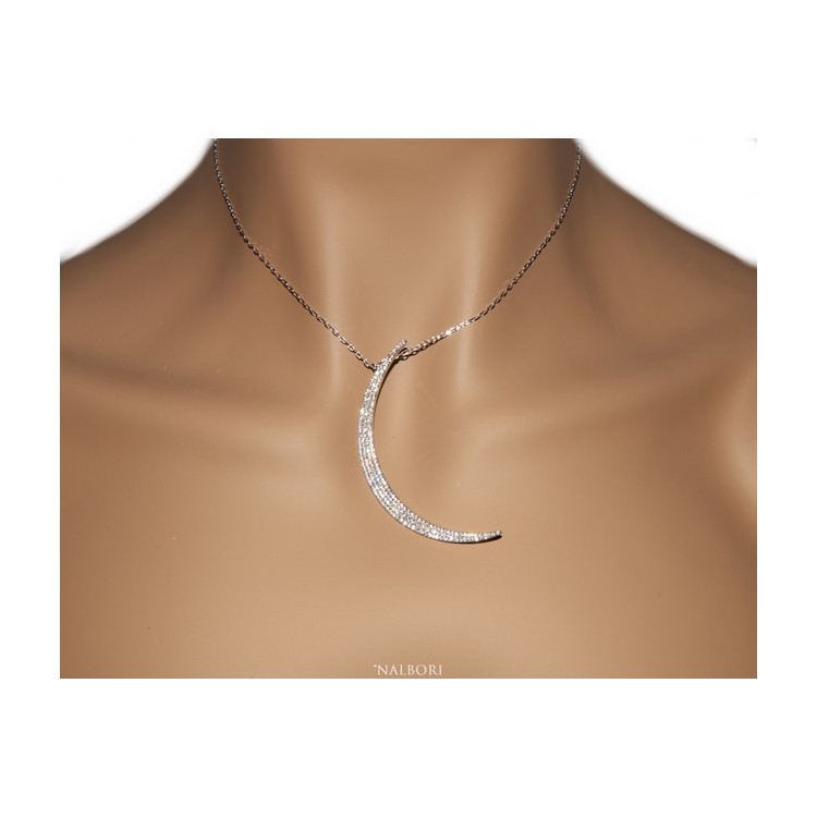 NLB|Collier necklace woman 925 SILVER with large half moon pendant pavé white cubic zirconia