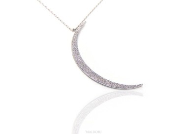 NLB|Collier necklace woman 925 SILVER with large half moon pendant pavé white cubic zirconia