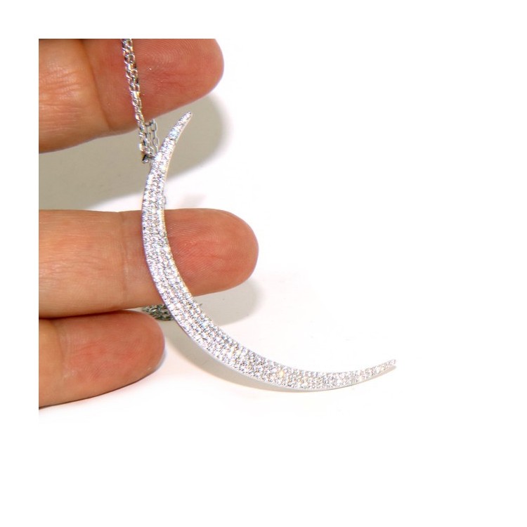 NLB|Collier necklace woman 925 SILVER with large half moon pendant pavé white cubic zirconia