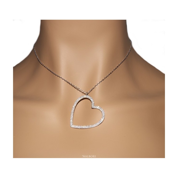 NLB|Collana Collier donna ARGENTO 925 con pendente grande cuore pavè zirconi bianchi