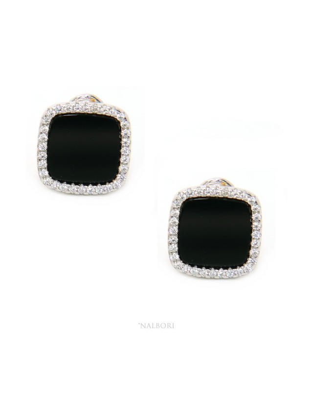 orecchini argento 925 quadrati donna onice omega 12mm zirconi e bottone nero