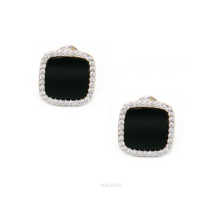 NLB|Silver 925: pair of earrings woman omega squares 12mm black onyx button cubic zirconia