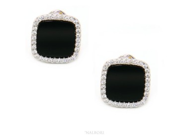 NLB|Silver 925: pair of earrings woman omega squares 12mm black onyx button cubic zirconia