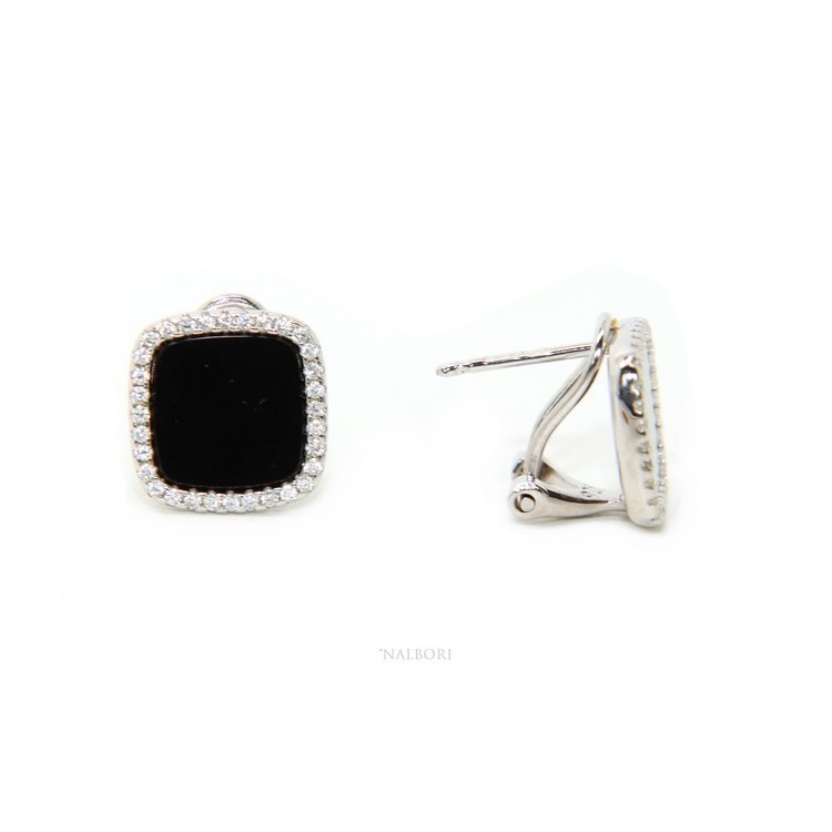 NLB|Silver 925: pair of earrings woman omega squares 12mm black onyx button cubic zirconia