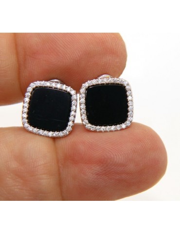 orecchini argento 925 quadrati donna onice omega 12mm zirconi e bottone nero
