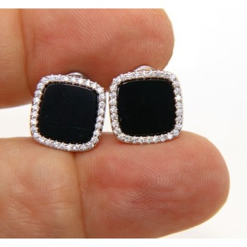 NLB|Silver 925: pair of earrings woman omega squares 12mm black onyx button cubic zirconia