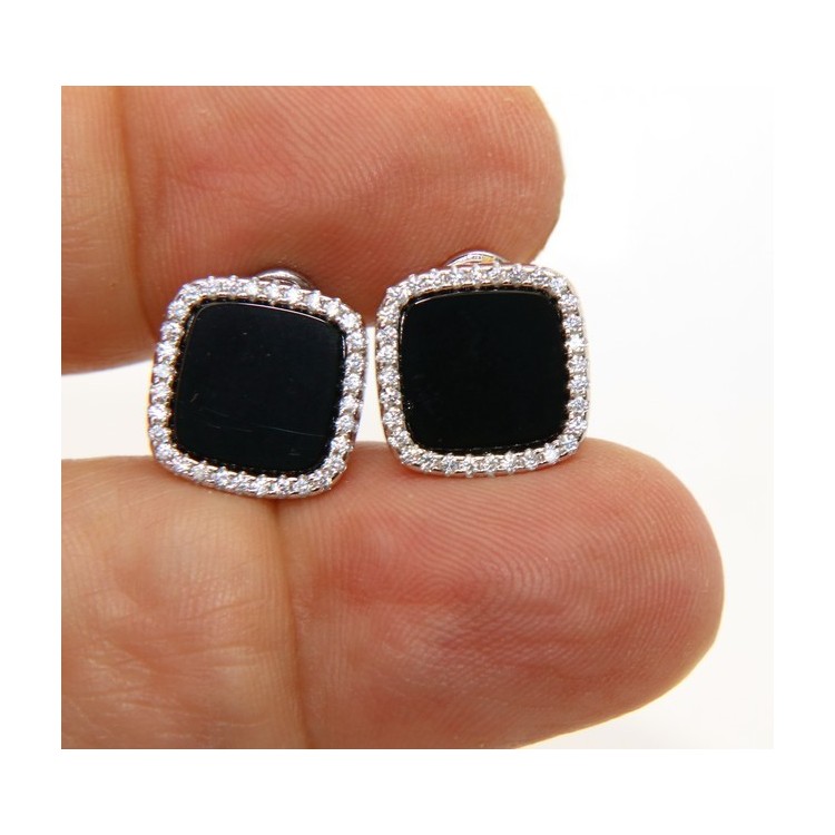 NLB|orecchini argento 925 quadrati donna onice omega 12mm zirconi e bottone nero