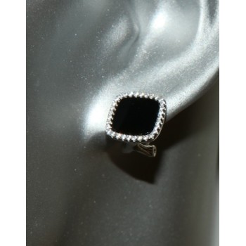 NLB|Silver 925: pair of earrings woman omega squares 12mm black onyx button cubic zirconia