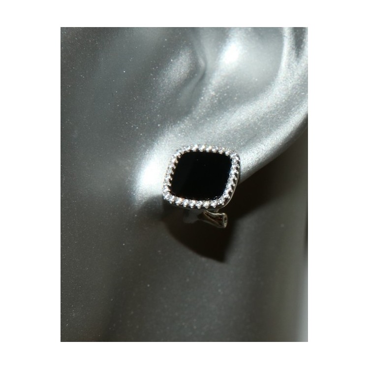 NLB|orecchini argento 925 quadrati donna onice omega 12mm zirconi e bottone nero