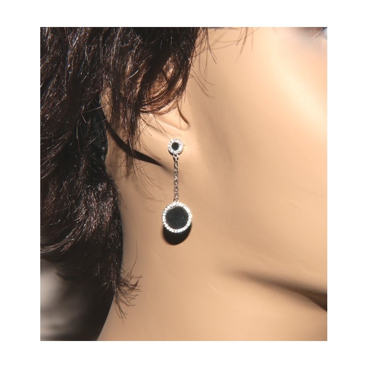 NLB|orecchini argento 925 pendenti doppia pietra onice nero cornice zirconi