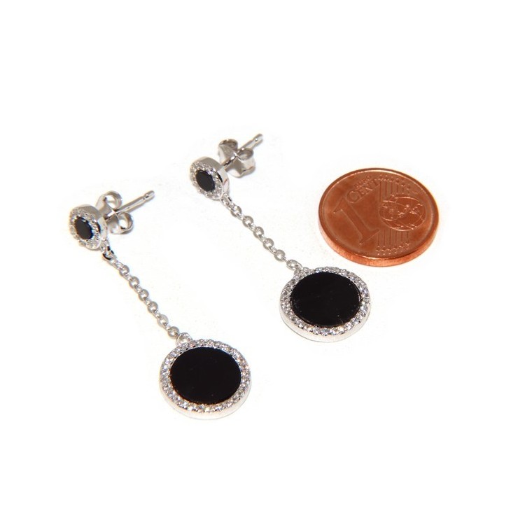 NLB|Silver 925: pair of earrings woman pendants double stone black onyx cubic zirconia frame