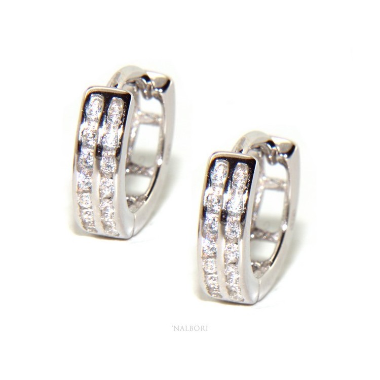 NLB|Silver 925 earrings man woman circle anelle bushes with 2 rows of cubic zirconia 13mm