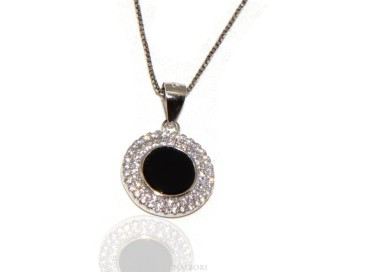 NLB|Argento 925 Collana onice ciondolo tondo nero doppia cornice zirconi bianchi Collier donna