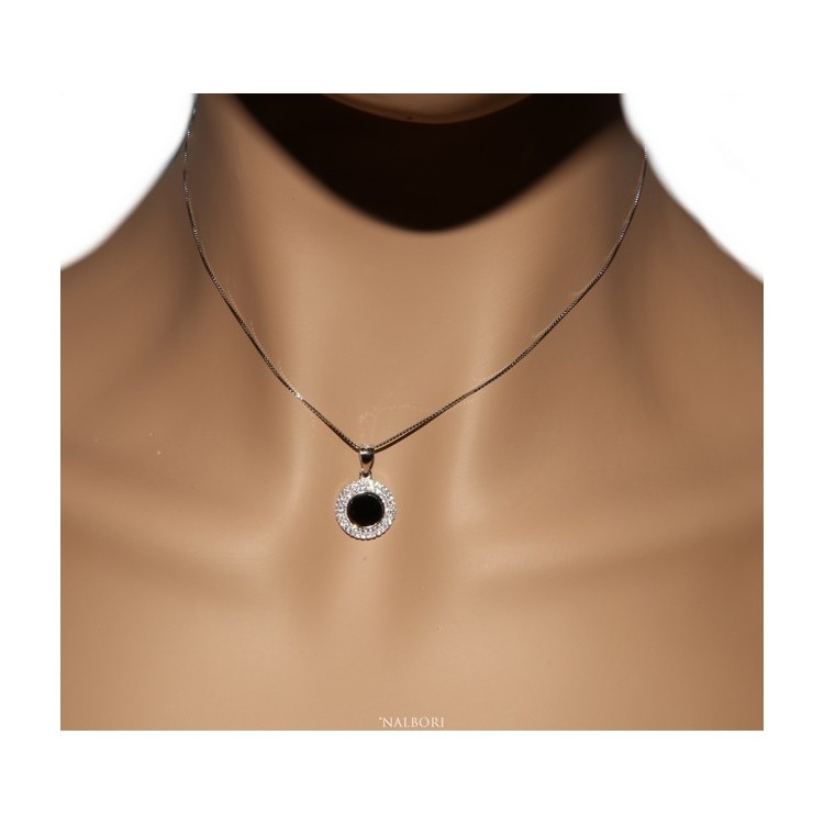 NLB|Silver 925 Necklace Collier woman round stone black onyx double frame white cubic zirconia