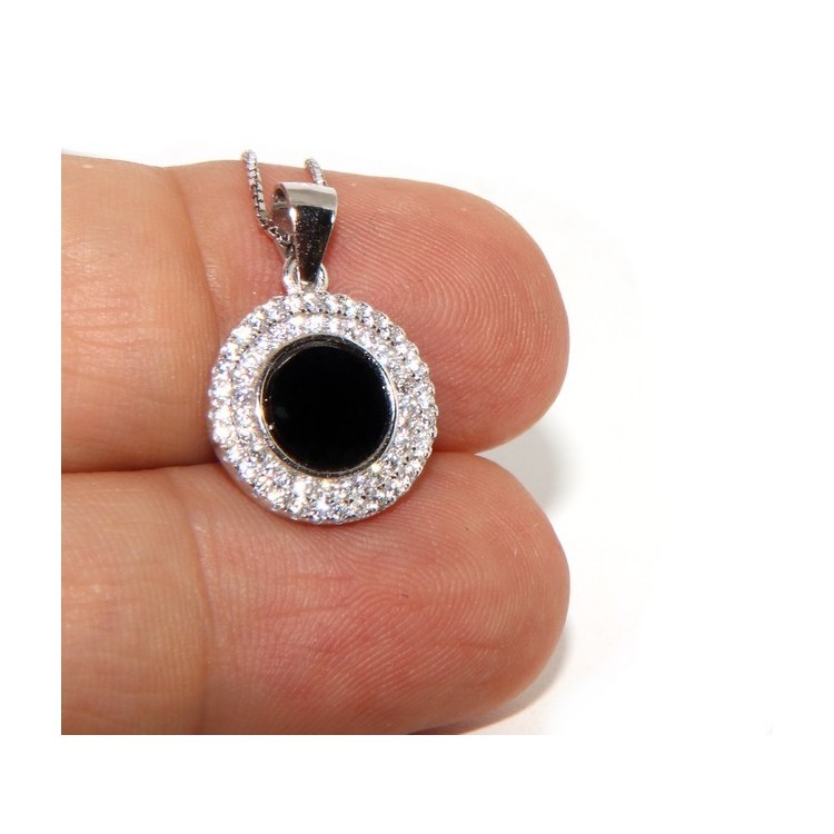 NLB|Silver 925 Necklace Collier woman round stone black onyx double frame white cubic zirconia