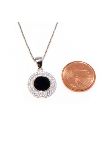 Argento 925 Collana Collier donna tondo pietra onice nero doppia cornice zirconi bianchi