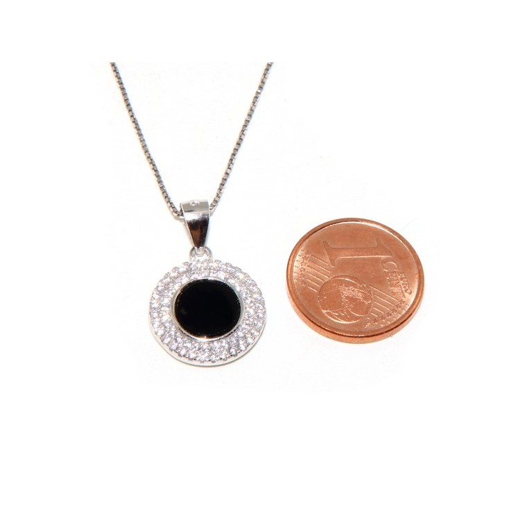 NLB|Argento 925 Collana Collier donna tondo pietra onice nero doppia cornice zirconi bianchi