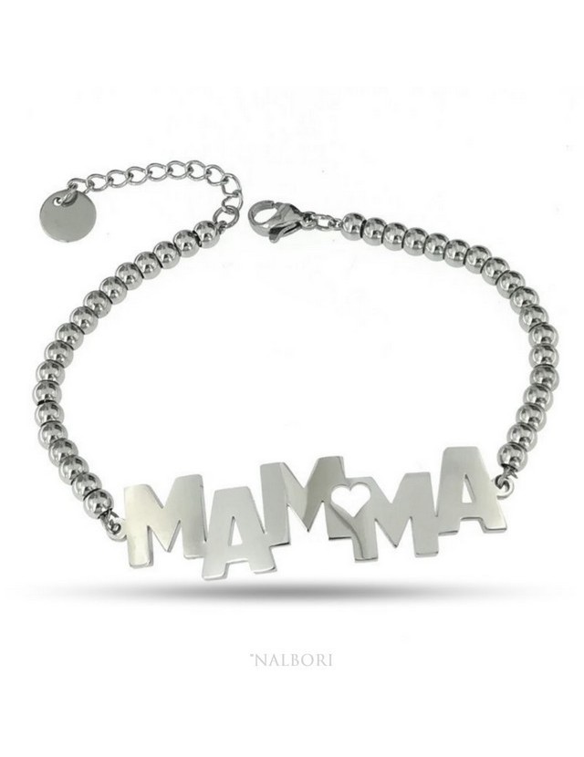 NALBORI bracciale donna acciaio anallergico palline con lastra MAMMA e cuore NALBORI bracciale donna acciaio anallergico palline con lastra MAMMA e cuore