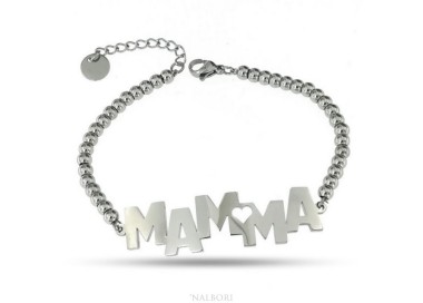 NALBORI bracciale donna acciaio anallergico palline con lastra MAMMA e cuore