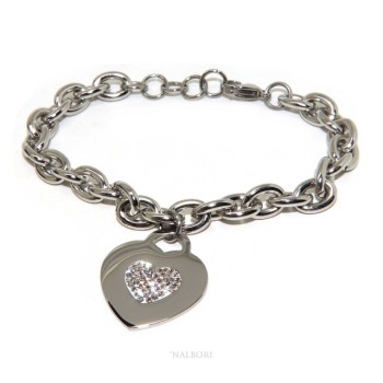 NLB|bracelet woman anallergic steel chain with pave 'zircon heart pendant