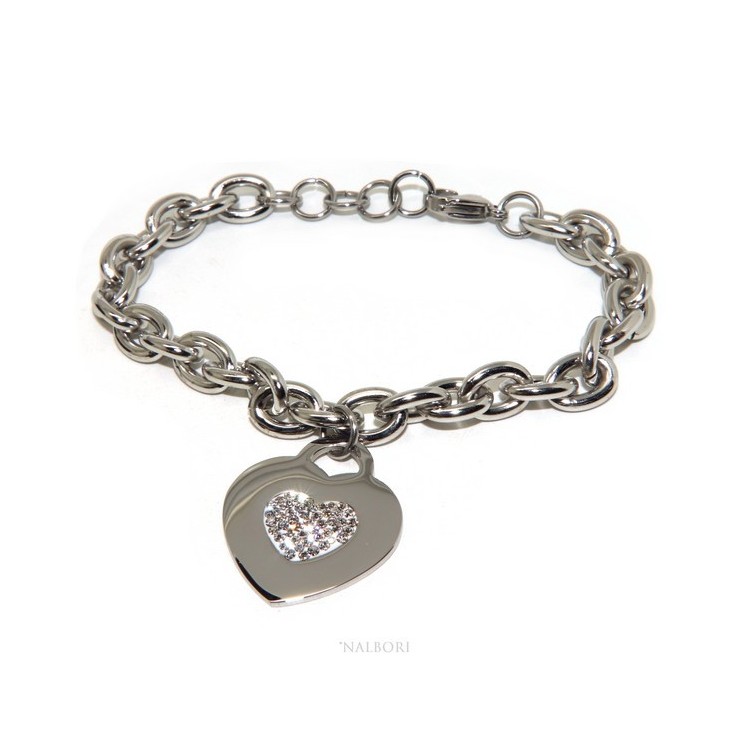 NLB|bracelet woman anallergic steel chain with pave 'zircon heart pendant
