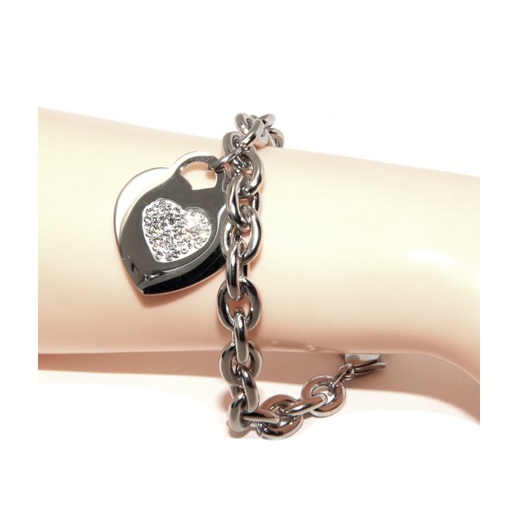 NLB|bracciale donna acciaio anallergico catena con pendente cuore pave' zirconi