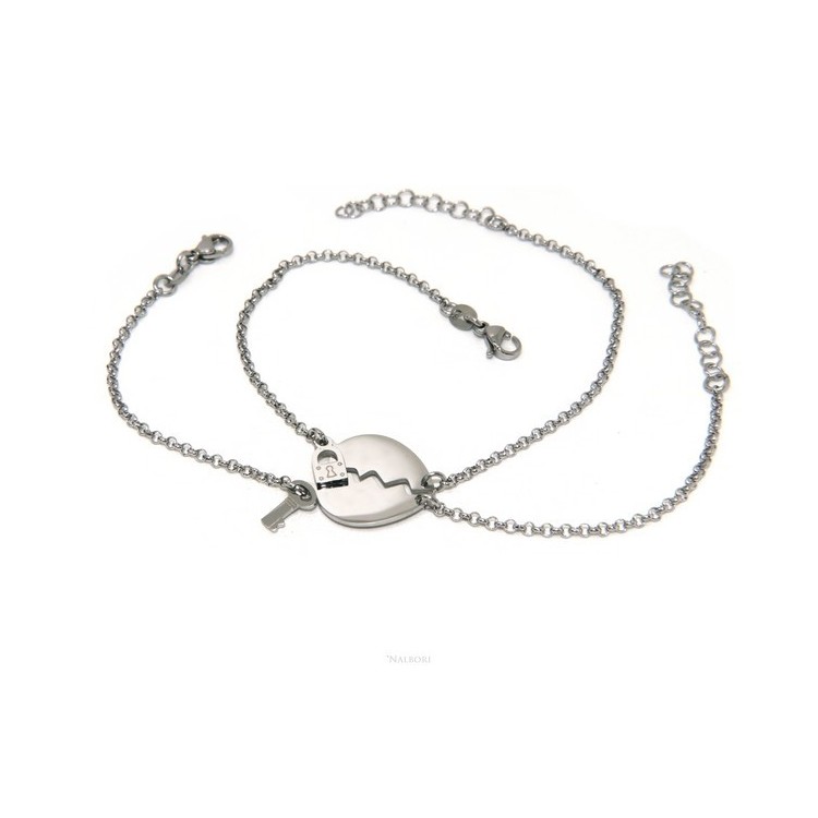 NLB|double hypoallergenic steel bracelet he her heart key padlock