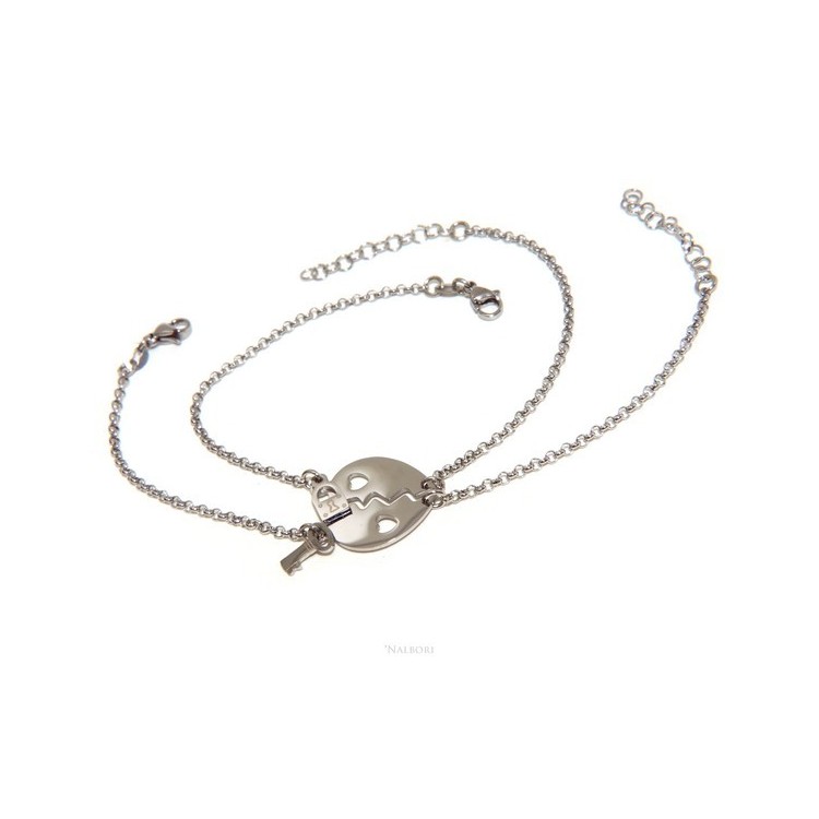 NLB|double hypoallergenic steel bracelet he her heart pierced key padlock